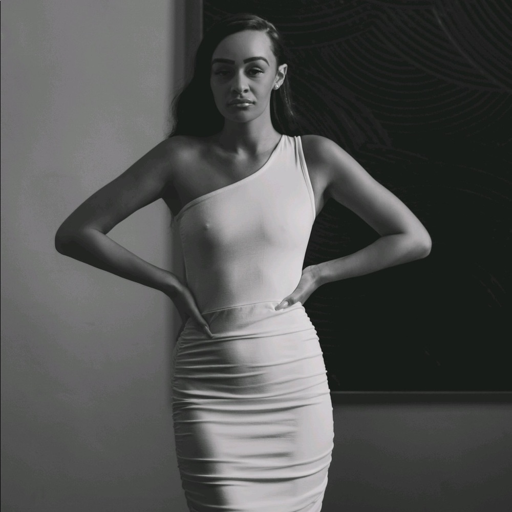 One shoulder white gown